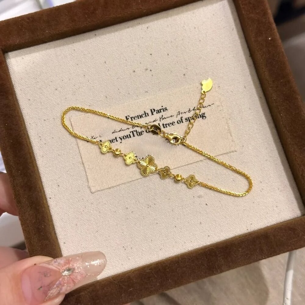 Gold Tone Clover Flower Bracelet Dainty Minimalist Adjustable Chain